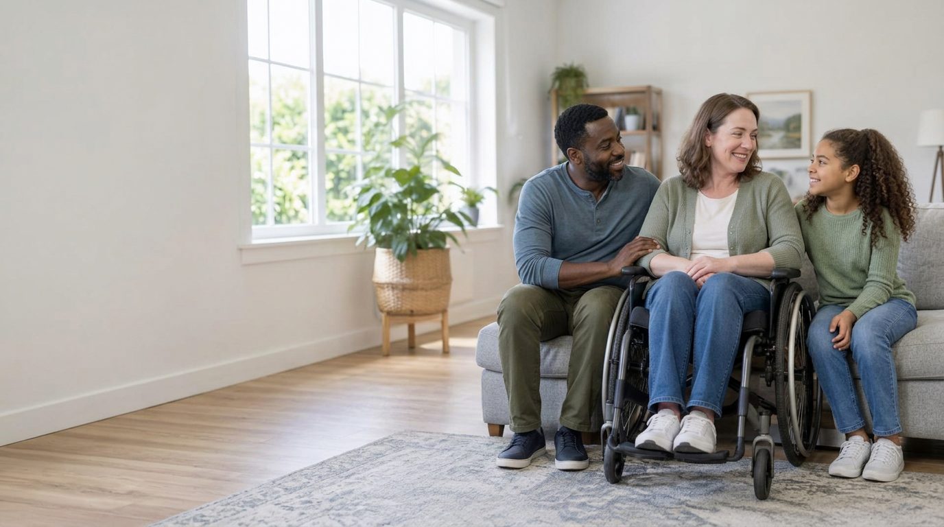 A White mother using a wheelchair sharing a moment at home with her Black husband and their mixed-race daughter