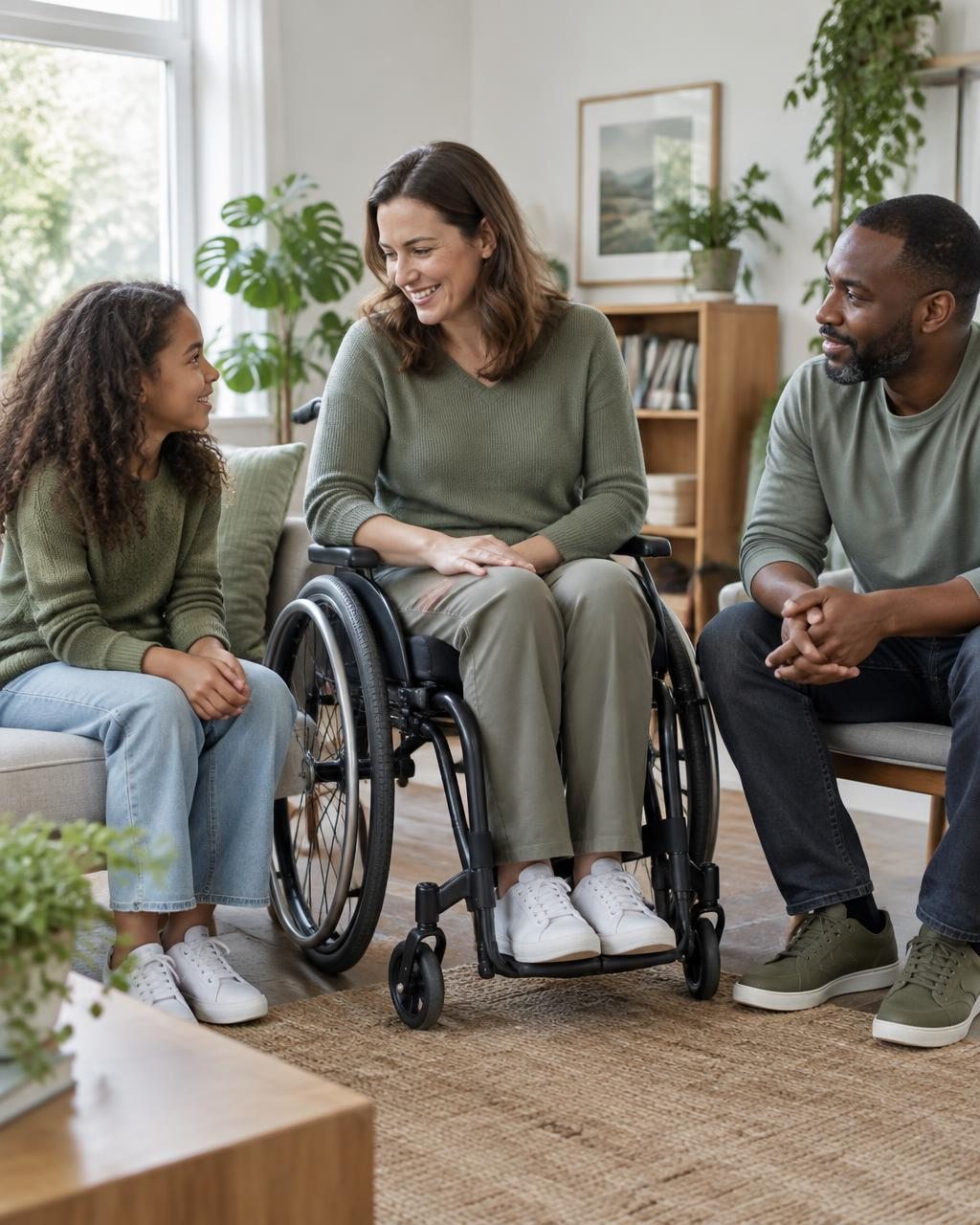 A Black father and his mixed-race daughter sharing a moment at home with the child's White mother, who uses a wheelchair