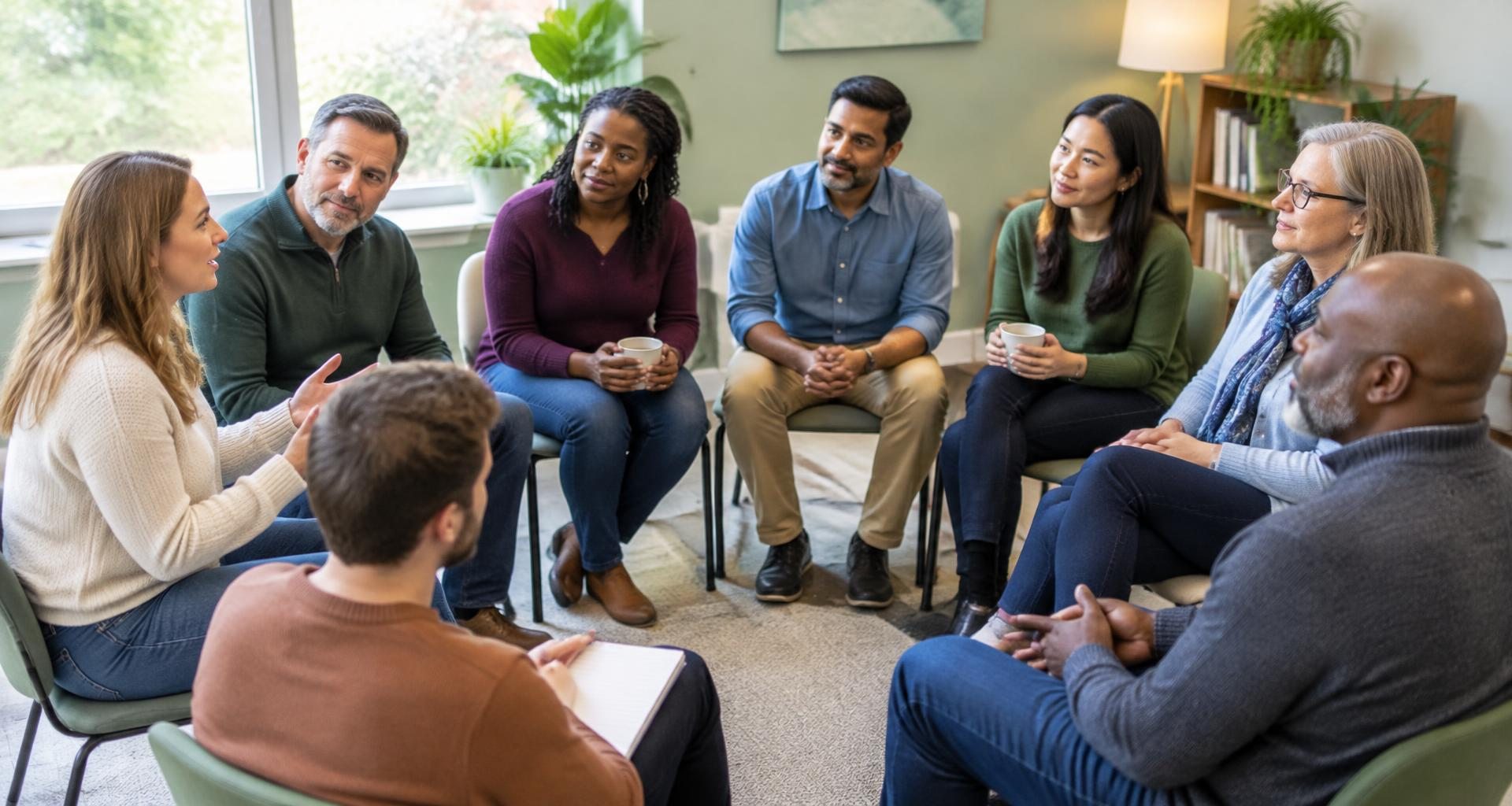 Eight adults from different backgrounds, including four White participants, listening to one another in a seated support circle