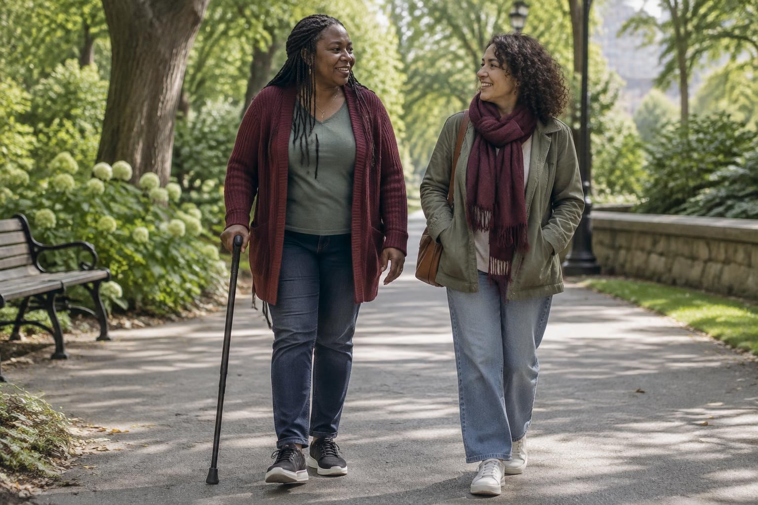 A woman using a walking cane taking a gentle walk with a friend