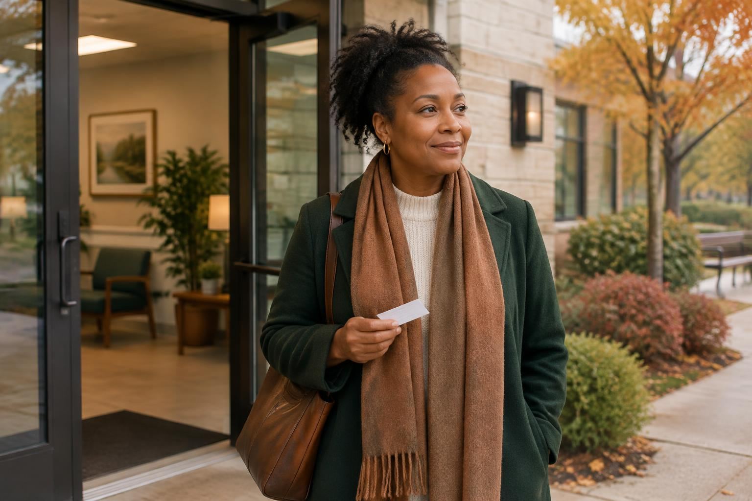 A woman stepping out of a calm clinic into autumn light after an appointment