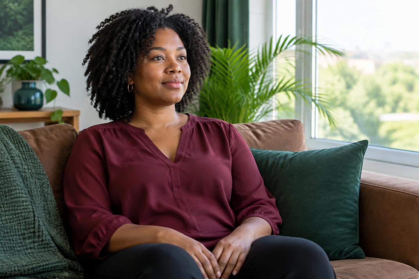 A woman sitting comfortably beside a window during a breathing pause