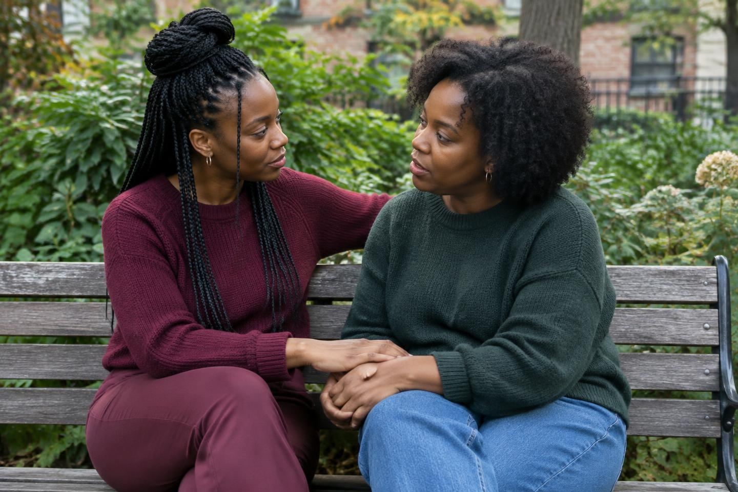 Two friends making space for a supportive conversation outdoors