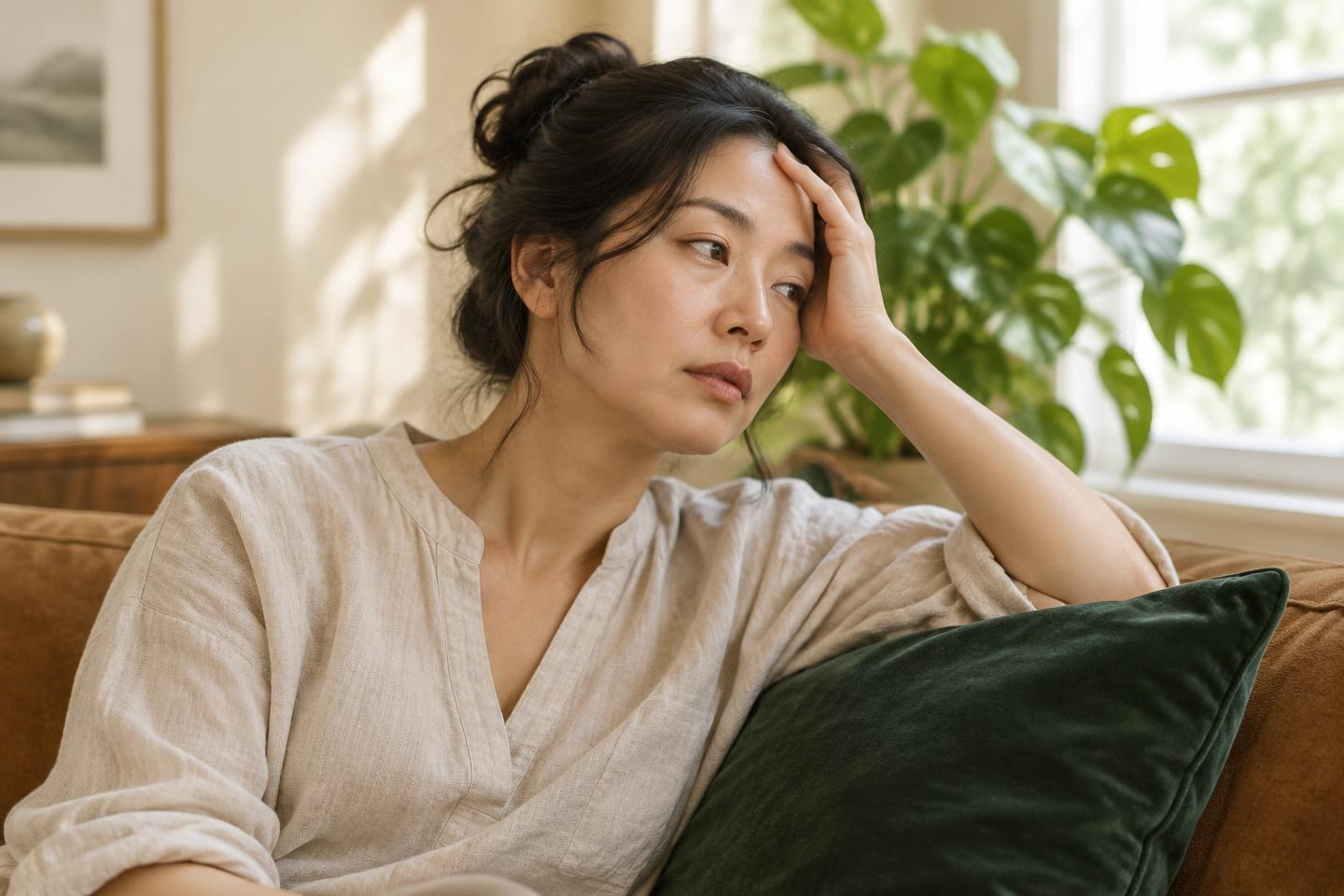 A woman pausing on a sofa with her hand resting against her forehead