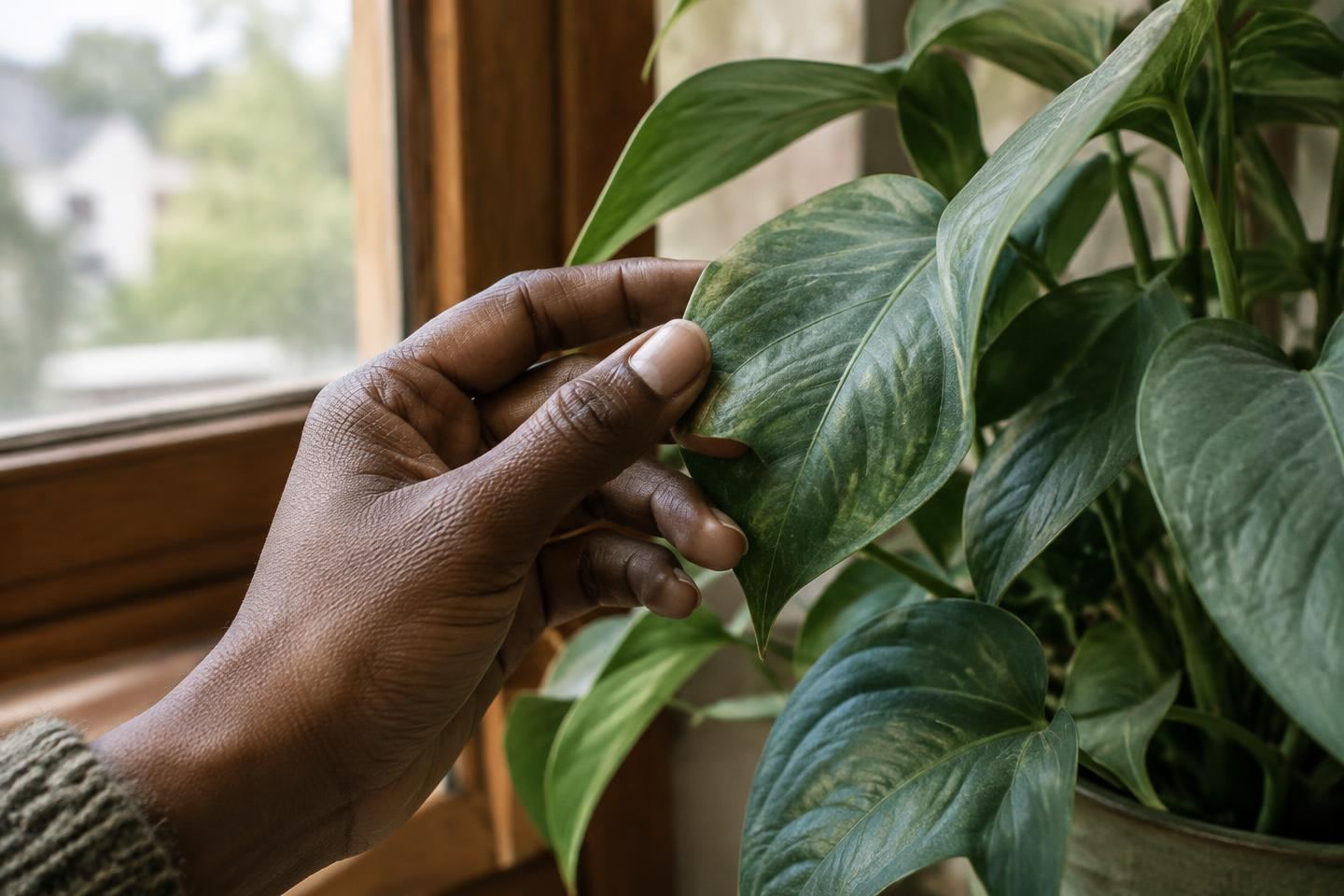 A hand gently touching the textured leaf of a houseplant