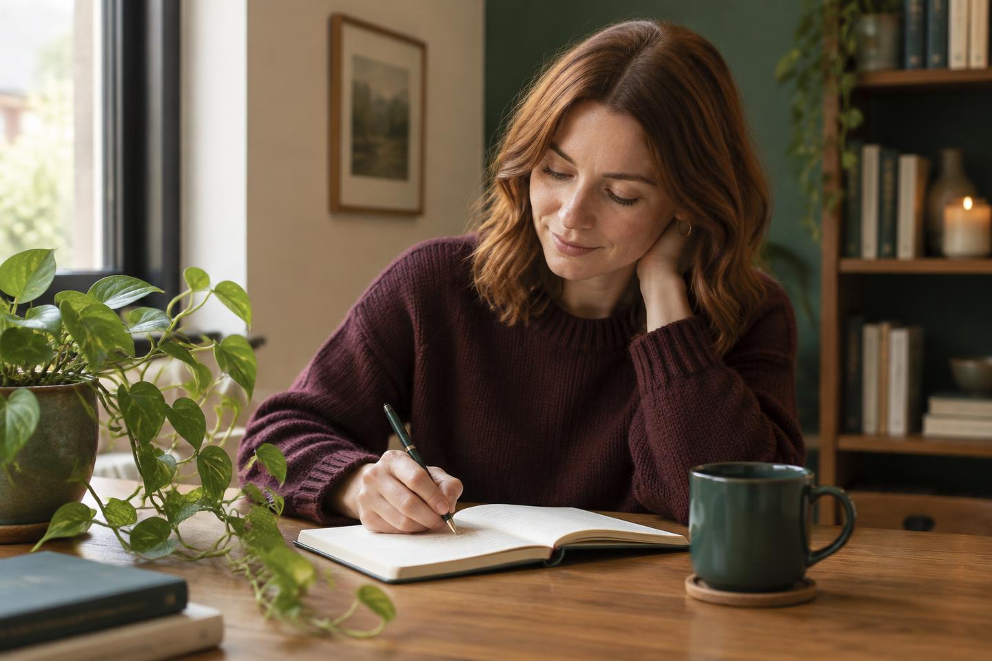 A woman making private notes in a journal beside a window