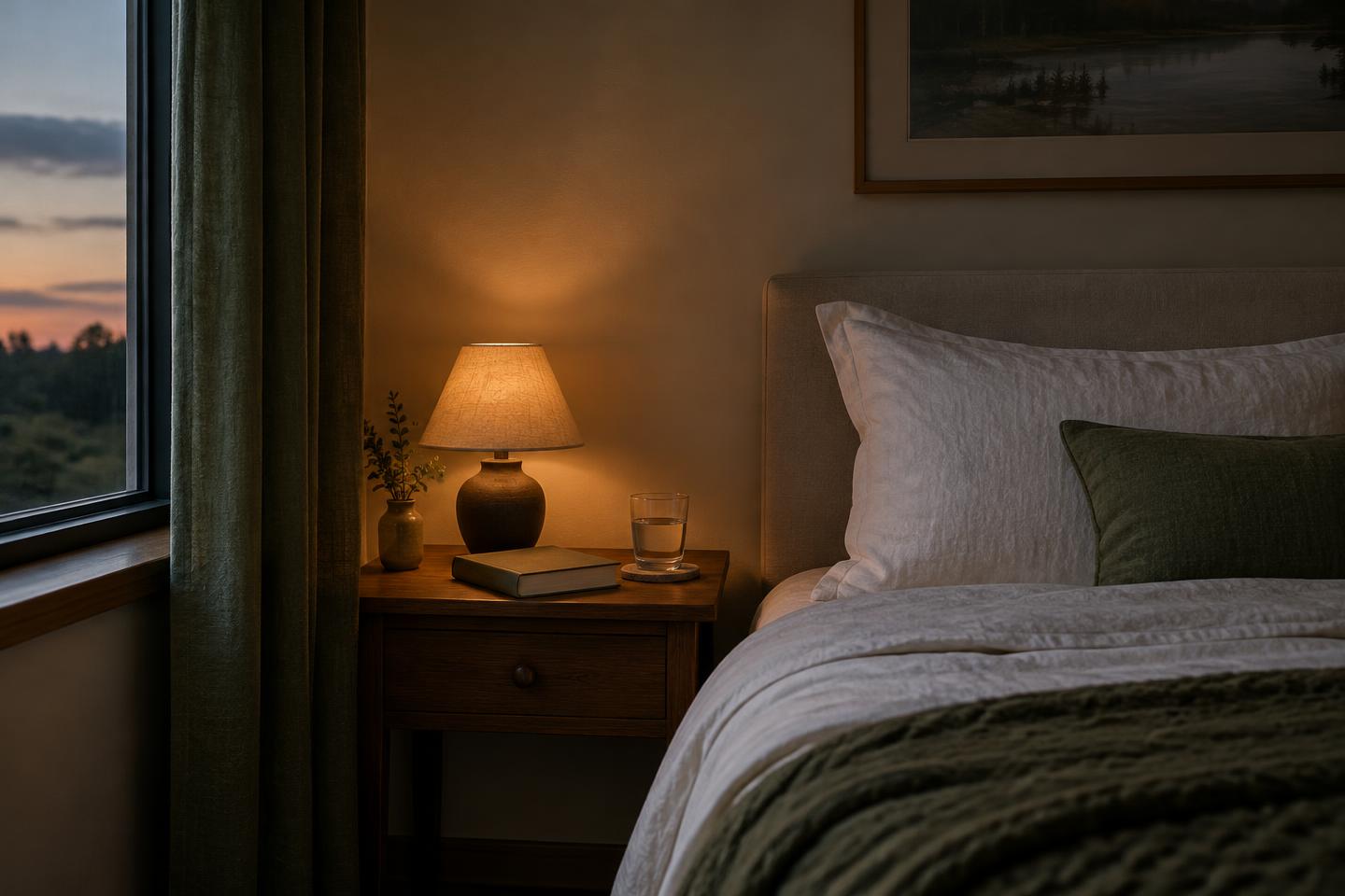 A quiet bedroom with a bedside lamp and a closed book