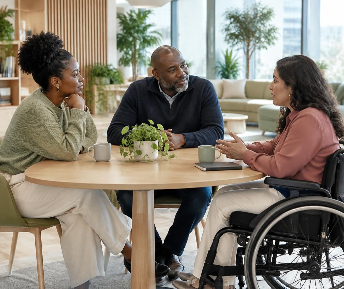 Colleagues of different ages sharing a conversation in an accessible workplace