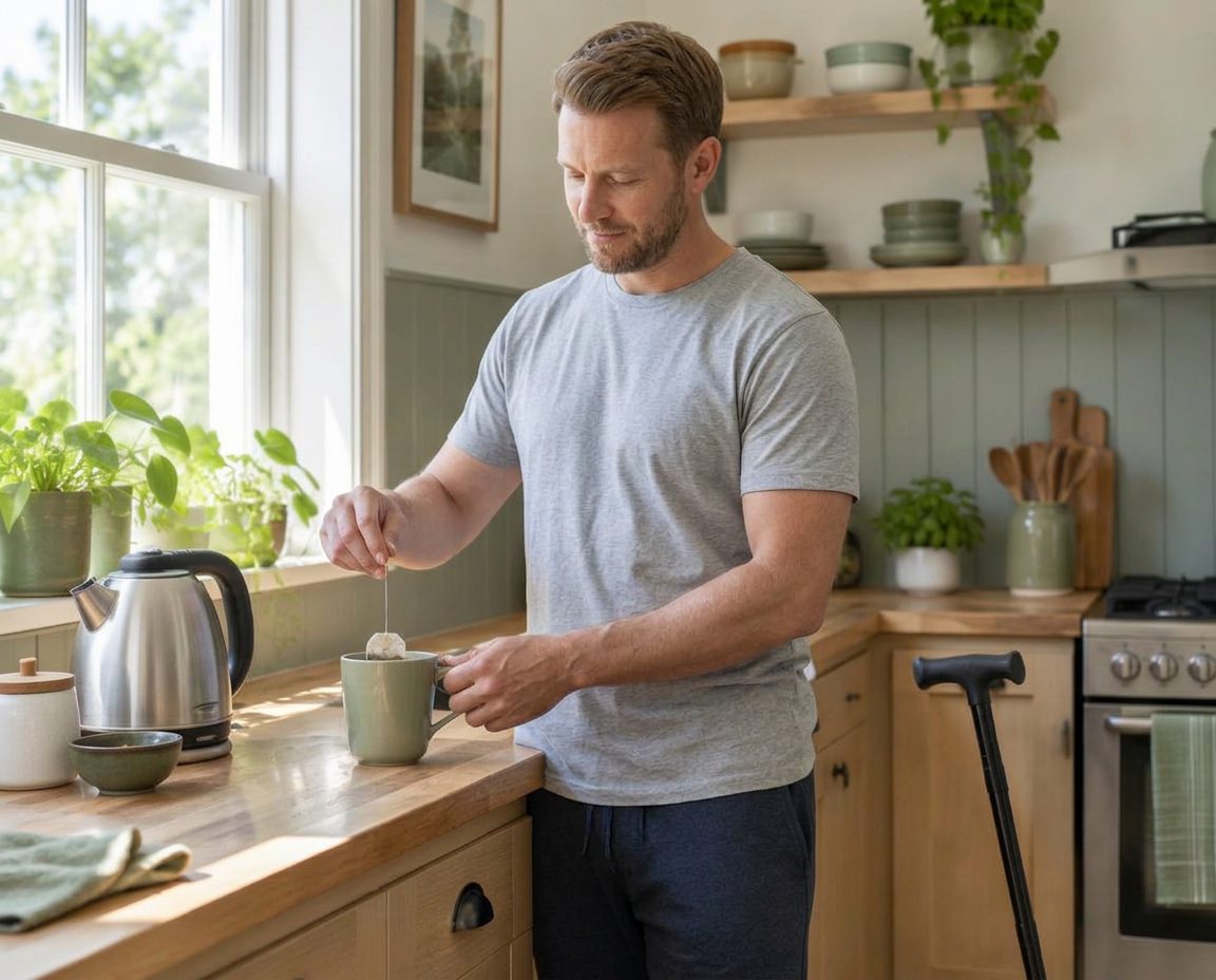 A man making tea at home at his own pace