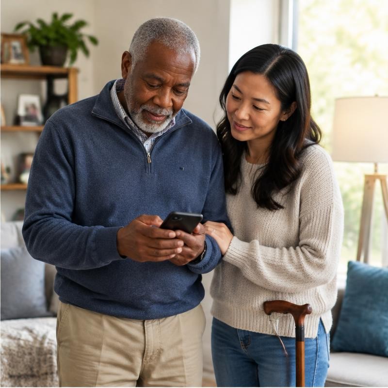 An older man reviewing his phone with a supportive family member
