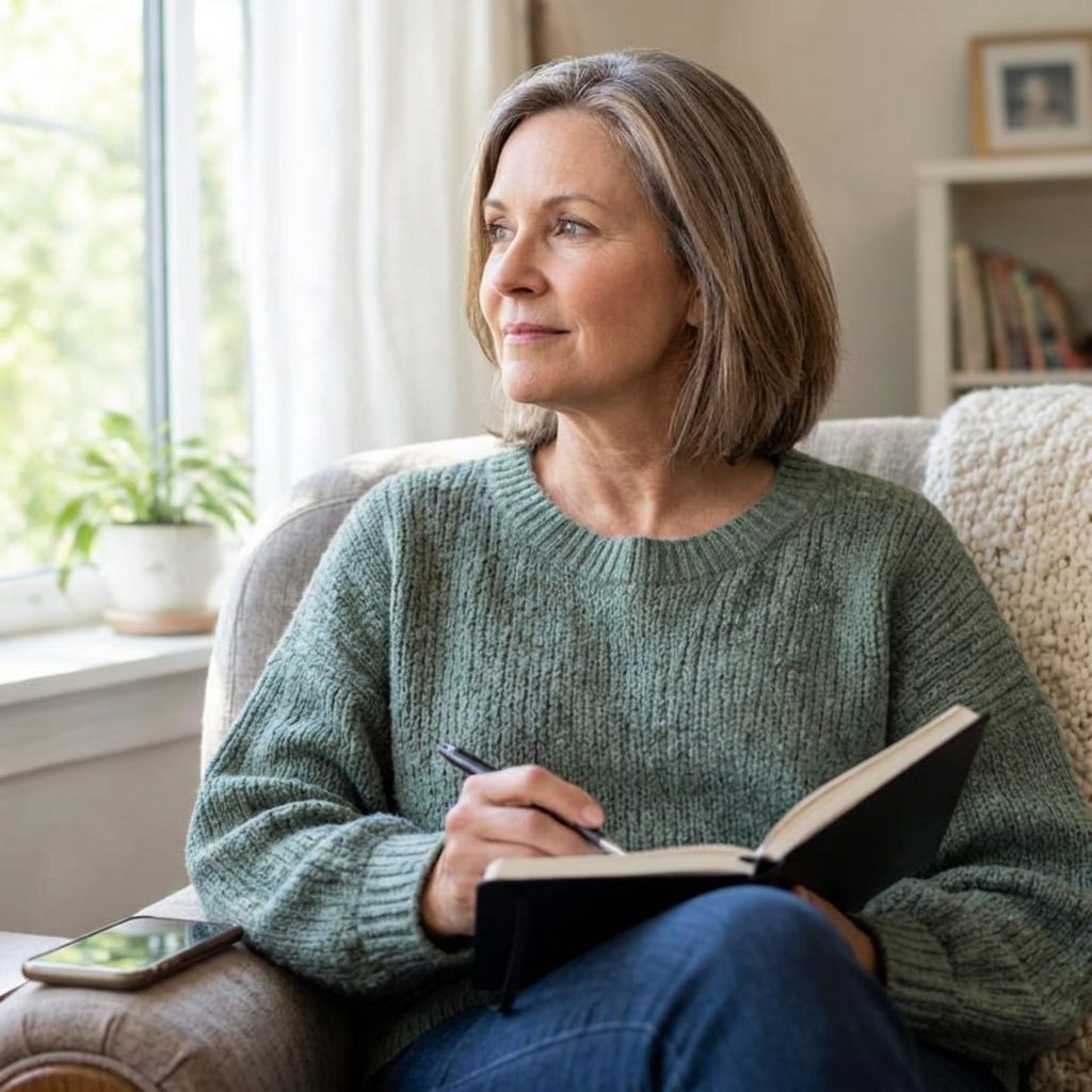 A woman reflecting at home after a support call
