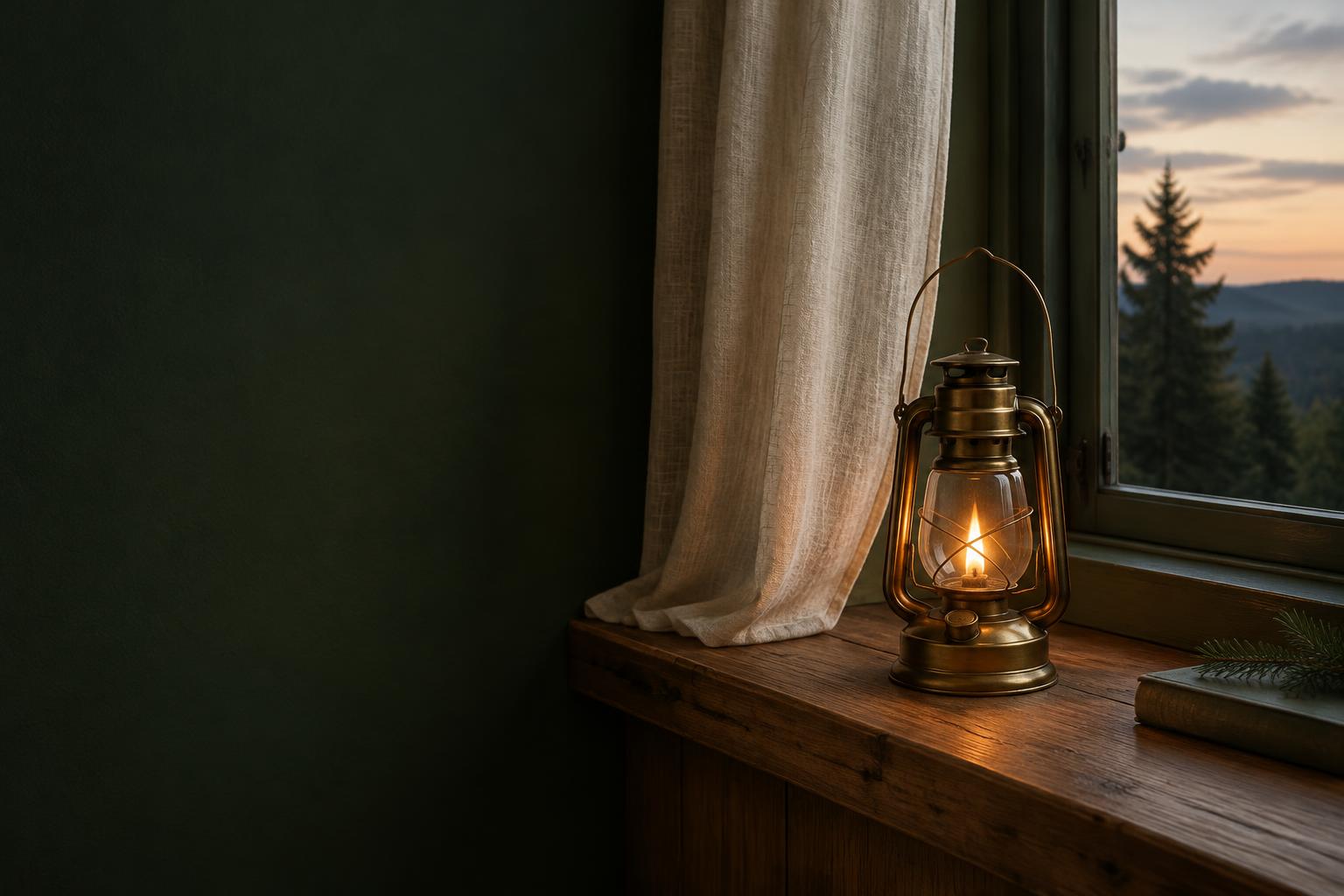 A warm brass lantern beside an open window in a quiet pine-green room