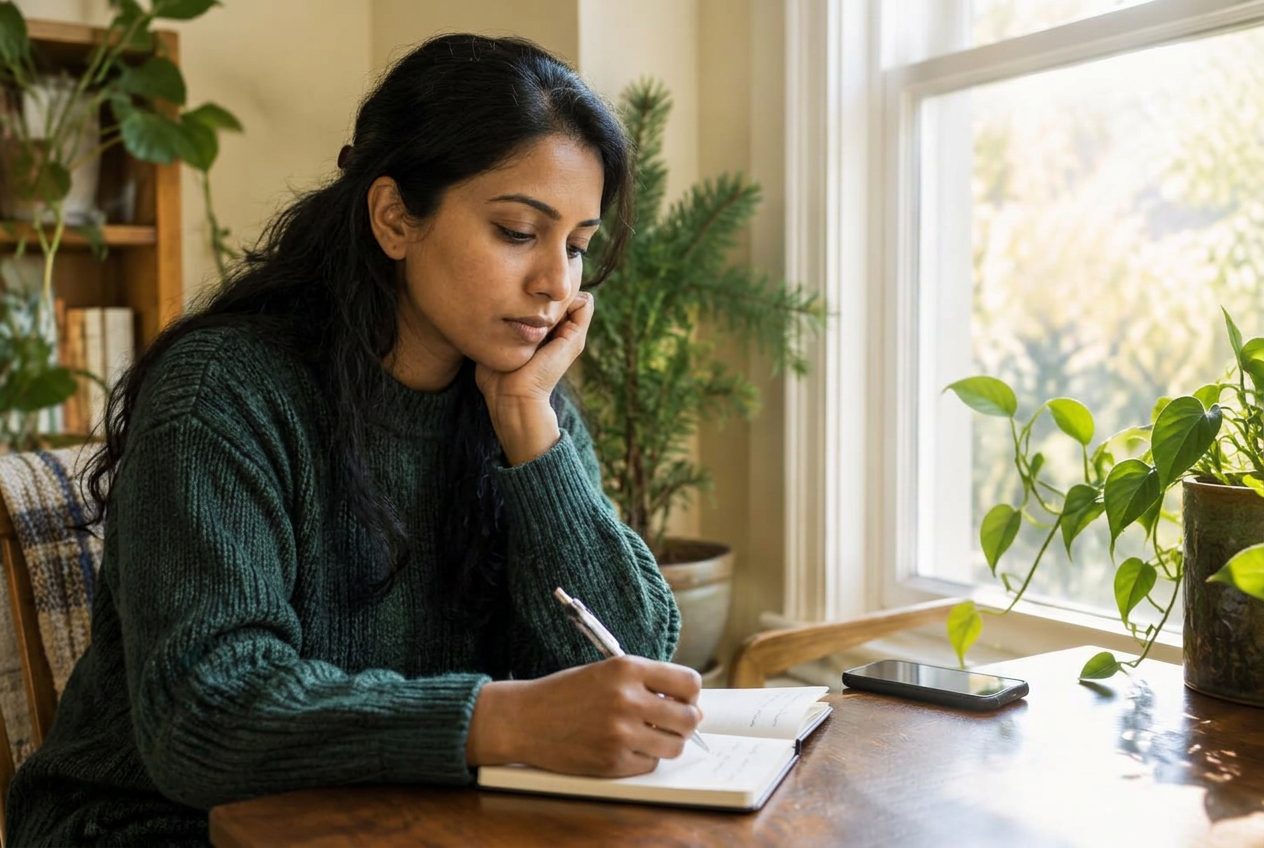 A woman reflecting in her journal between therapy sessions
